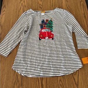 Ruby Rd. Striped Long Sleeve/ 3/4 Tee with Holiday Car